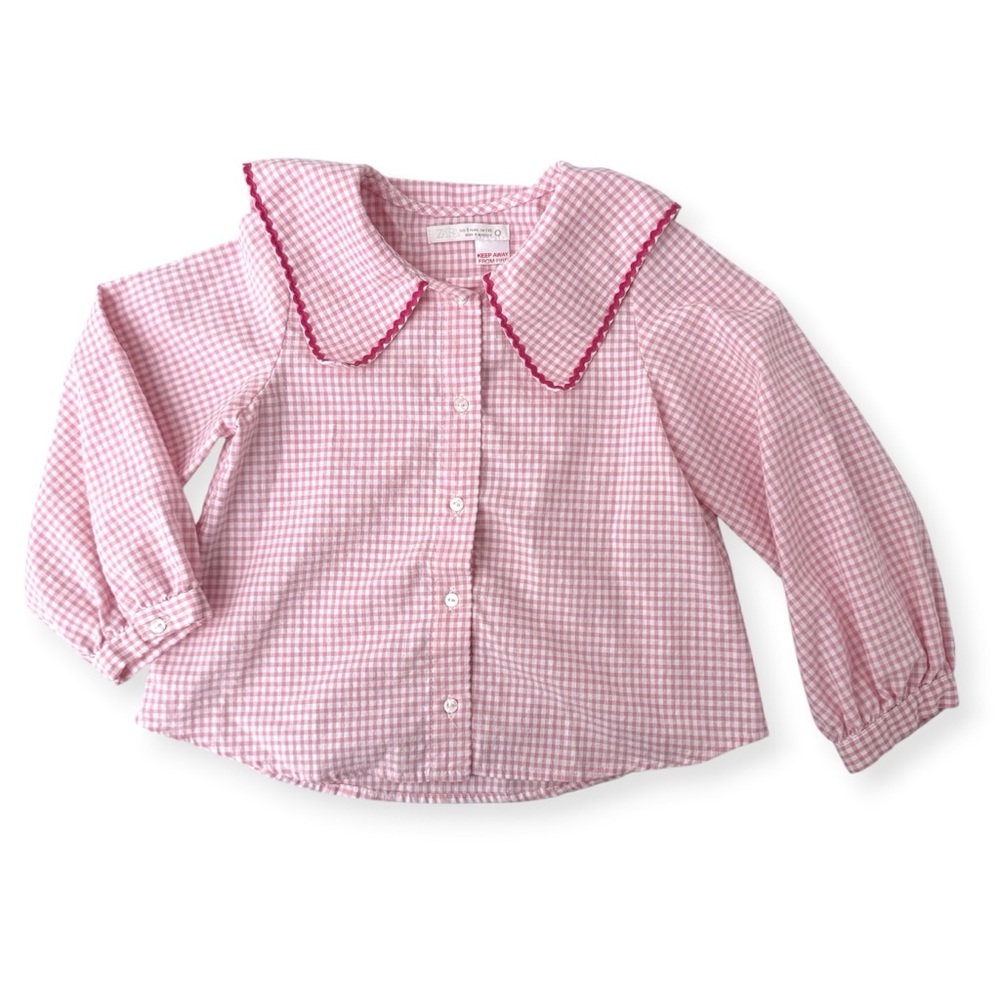 Zara Girls Pink Gingham Button-Up Blouse with Peter Pan Collar - Size 5 - Picture 7 of 9